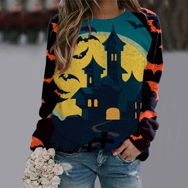 Halloween Cartoon Print Sweatshirt Long Sleeve Pullover Tops Women