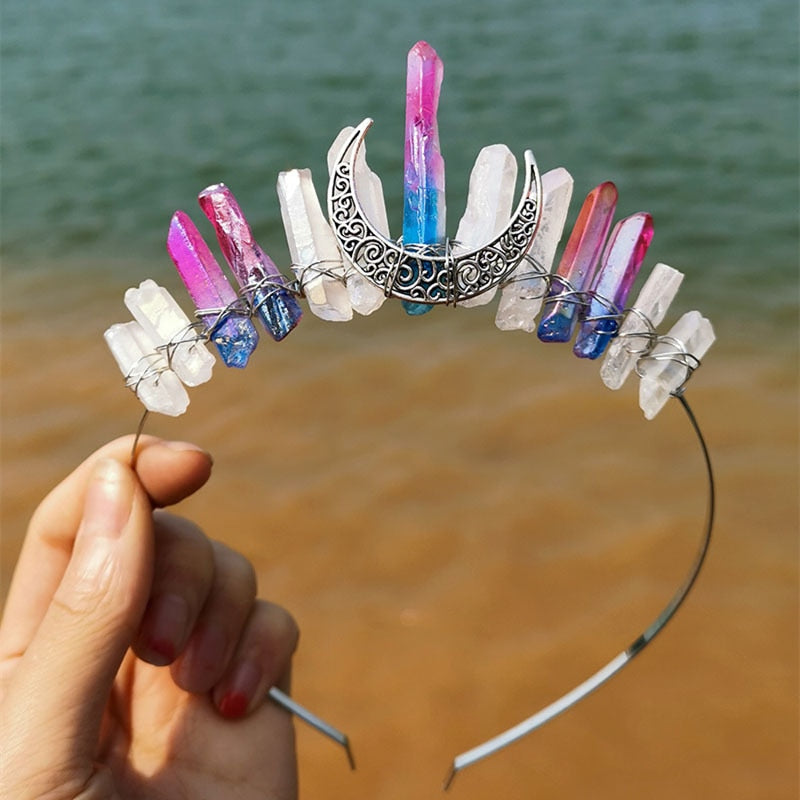 Natural Crystal Witch Crown Hair Accessories Multicolored Crystal Headwear Moon Bridal Headband Handmade Fashion Jewelry Gifts - my-magic-mirror