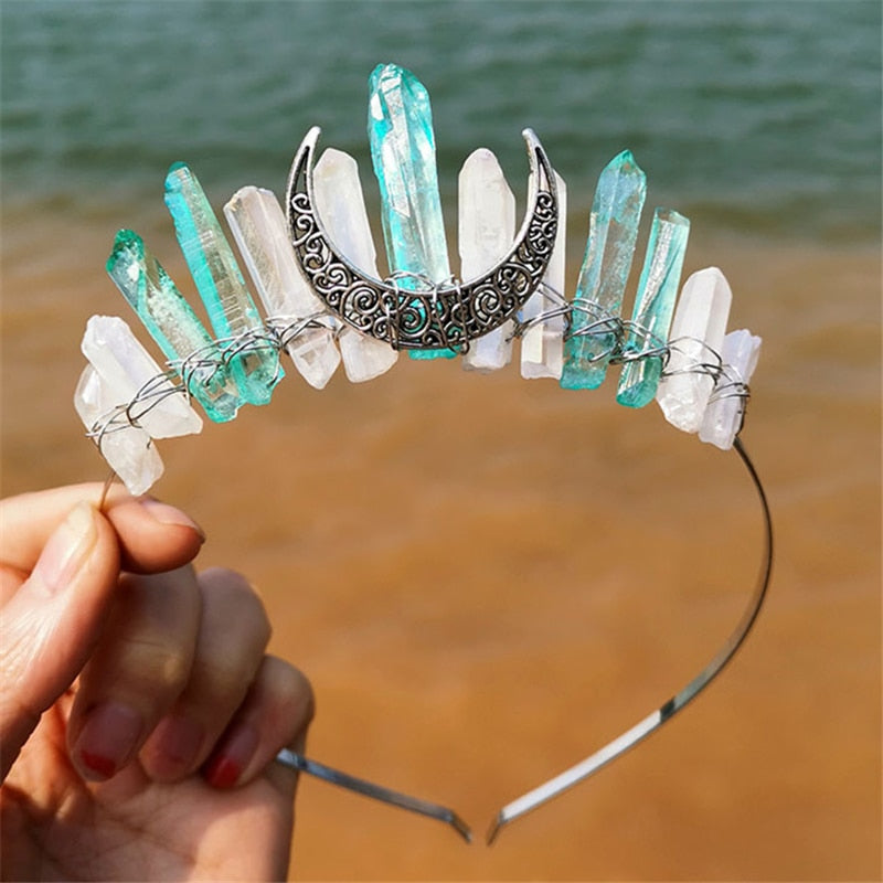 Natural Crystal Witch Crown Hair Accessories Multicolored Crystal Headwear Moon Bridal Headband Handmade Fashion Jewelry Gifts - my-magic-mirror