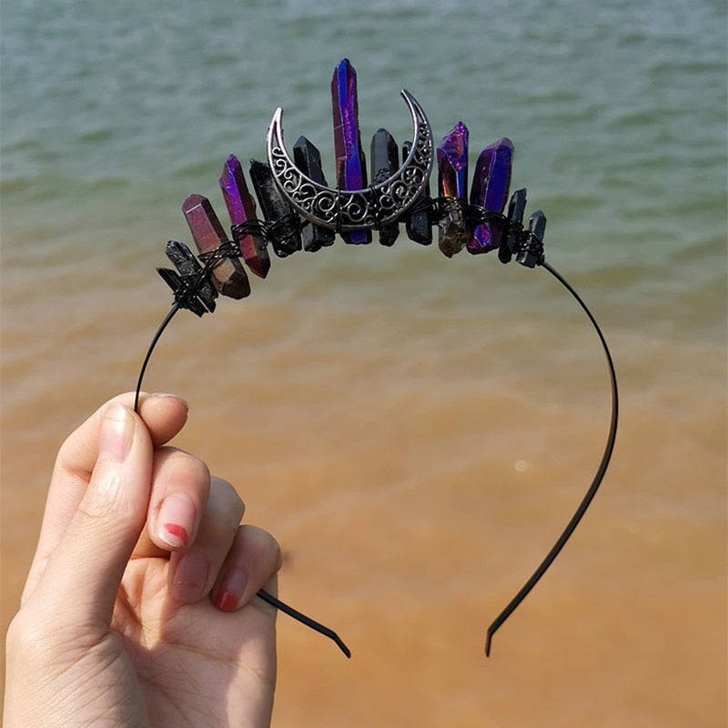 Natural Crystal Witch Crown Hair Accessories Multicolored Crystal Headwear Moon Bridal Headband Handmade Fashion Jewelry Gifts - my-magic-mirror