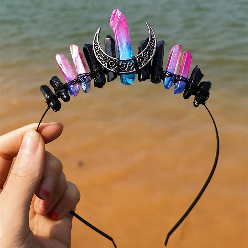 Natural Crystal Witch Crown Hair Accessories Multicolored Crystal Headwear Moon Bridal Headband Handmade Fashion Jewelry Gifts - my-magic-mirror