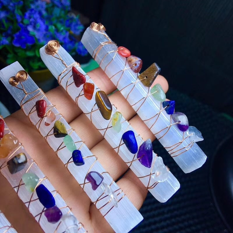 Chakra Healing Crystals Stones Beads Wire Wrapped Raw Selenite Stick Wand for Yoga Meditation,Spiritual,Reiki Balancing - my-magic-mirror