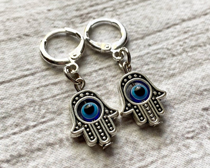 Mini Hamsa Hand Earrings Hand of Fatima Spiritual Yoga Buddha Evil Eye Pendant Protection Lucky Luck Love Religious Studs Eye - my-magic-mirror