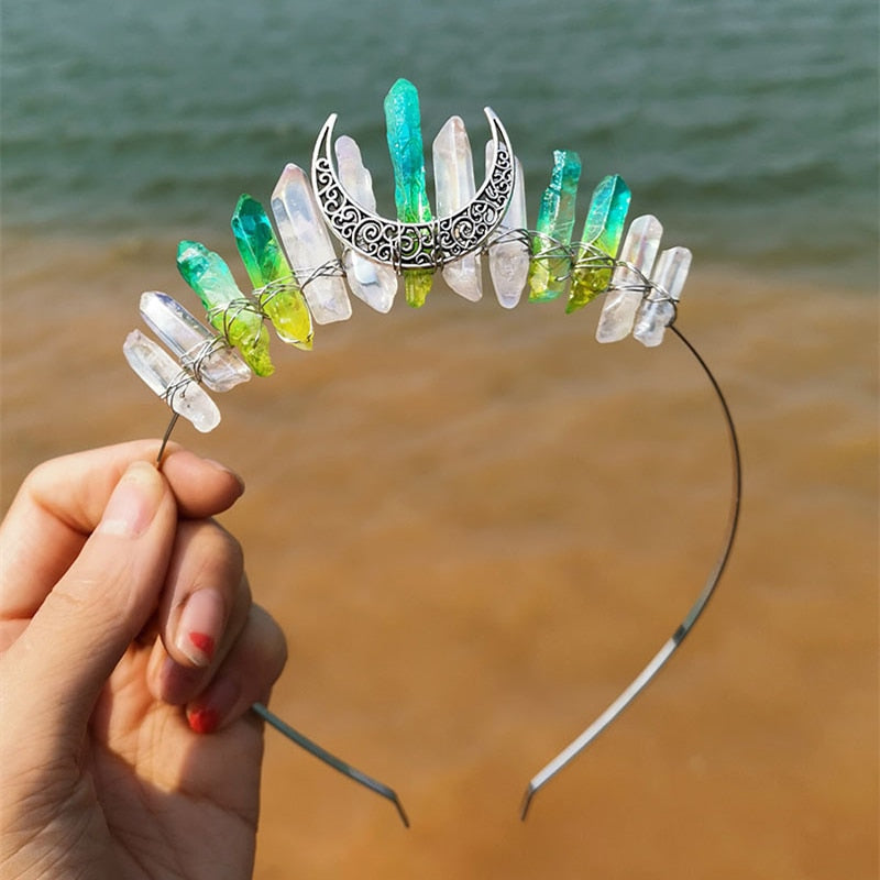 Natural Crystal Witch Crown Hair Accessories Multicolored Crystal Headwear Moon Bridal Headband Handmade Fashion Jewelry Gifts - my-magic-mirror