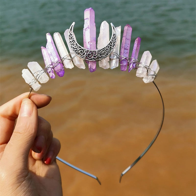 Natural Crystal Witch Crown Hair Accessories Multicolored Crystal Headwear Moon Bridal Headband Handmade Fashion Jewelry Gifts - my-magic-mirror