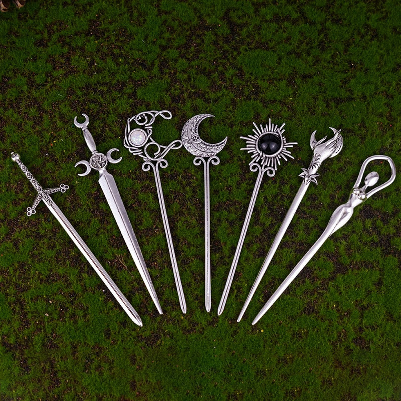 Witch Sword Crescent Moon Goddness Hair Stick Pagan Occulet Hairpin Amulet Spirit Hair Jewelry For Women - my-magic-mirror