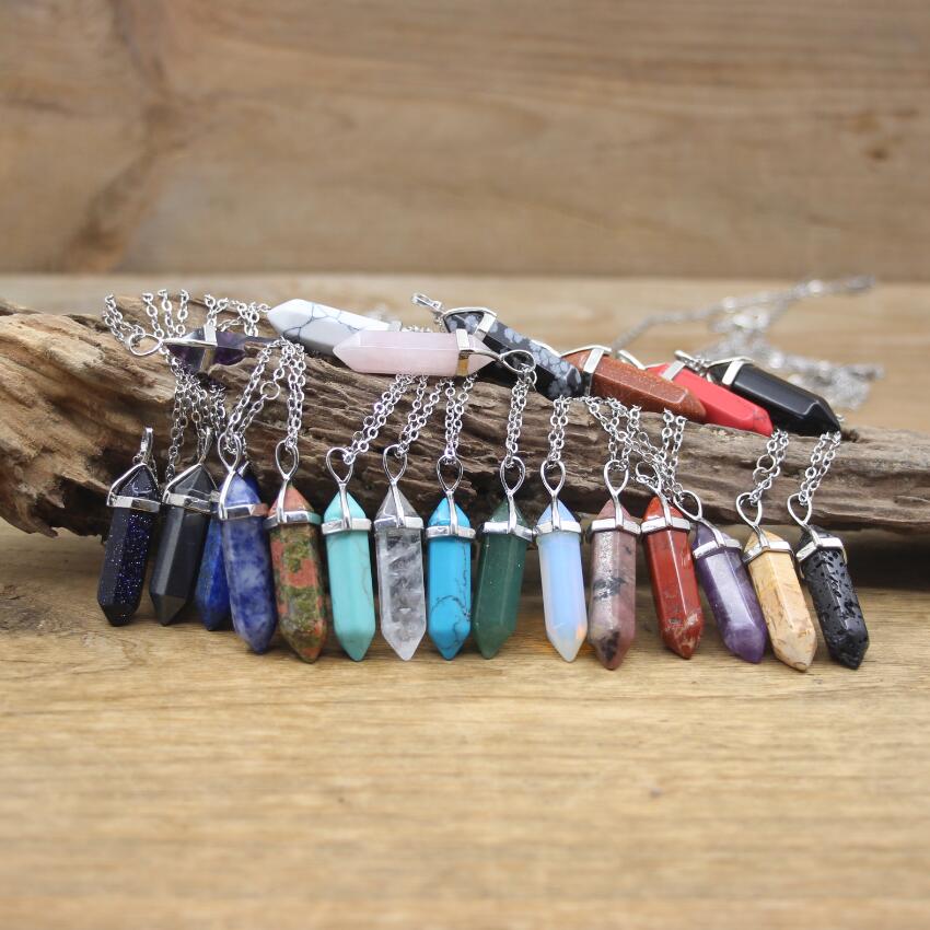 Natural Stone Hexagonal Point Pendants Necklaces Healing Crystal Quartz Fluorite Lapis Bullet Pendulum Chakra Jewelry QC3106 - my-magic-mirror