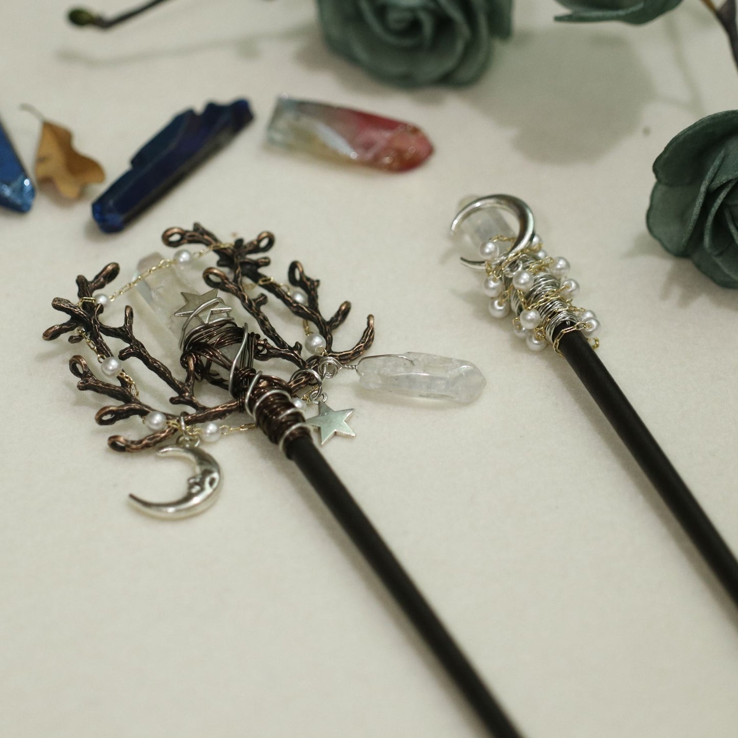 Handmade Crafts Vintage Witch wand magic wand Crystal Hairpin Witch Branch White Quartz Hair Stick wiccan Bridal Wedding Gift - my-magic-mirror