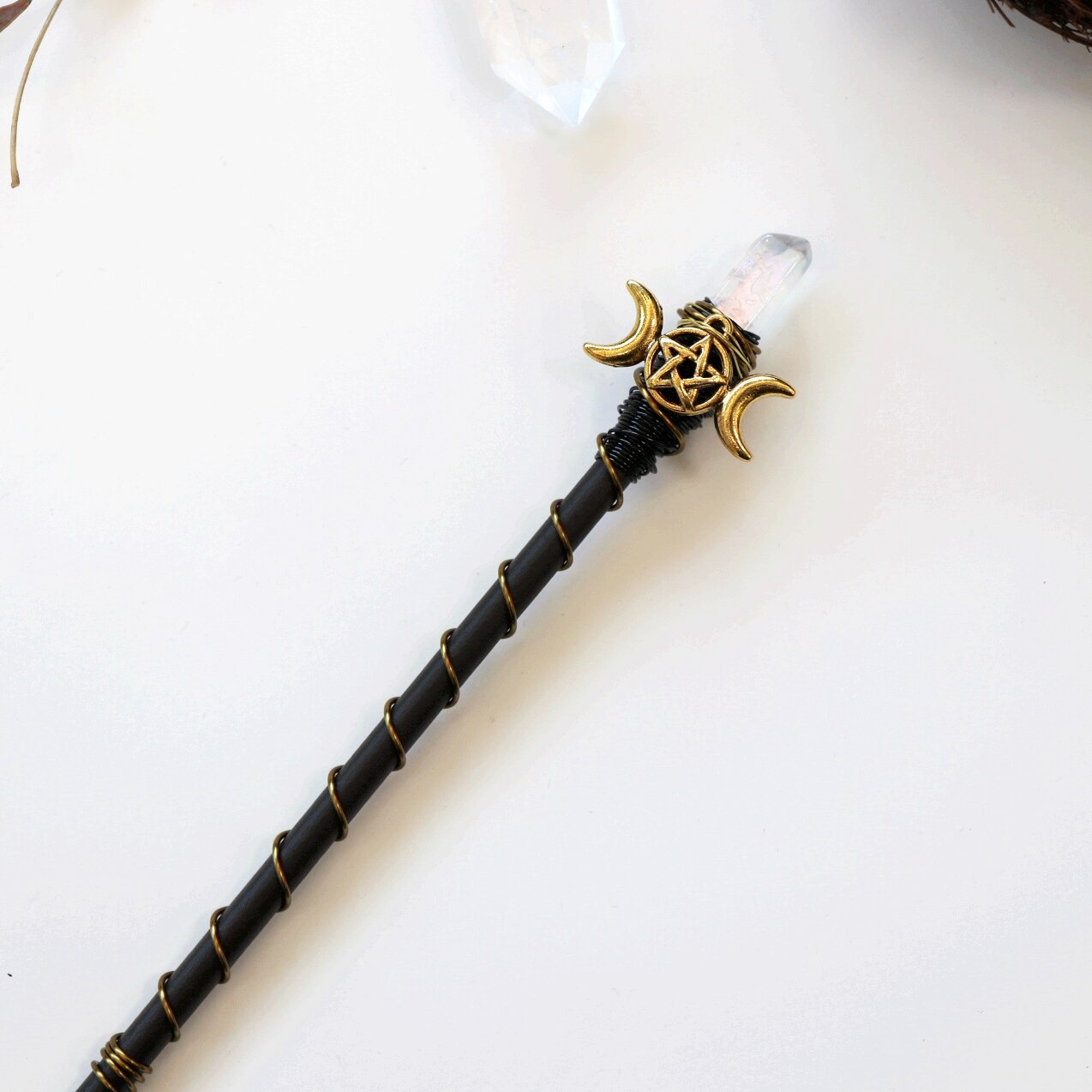 Handmade Crafts Vintage Witch wand magic wand Crystal Hairpin Witch Branch White Quartz Hair Stick wiccan Bridal Wedding Gift - my-magic-mirror