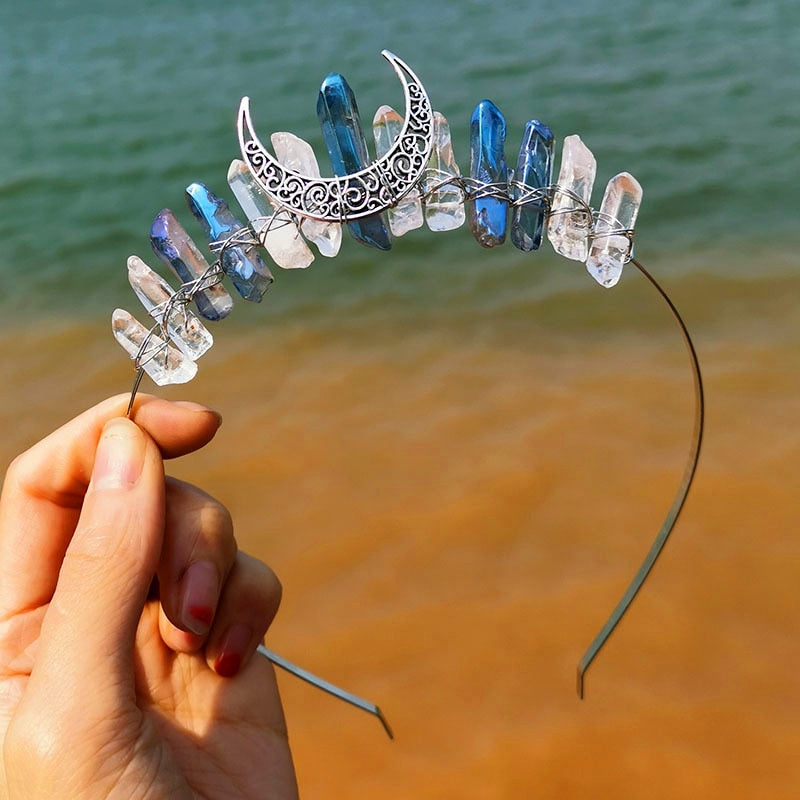 Natural Crystal Witch Crown Hair Accessories Multicolored Crystal Headwear Moon Bridal Headband Handmade Fashion Jewelry Gifts - my-magic-mirror