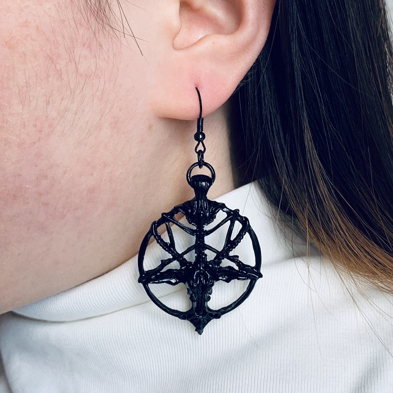 New Fashion Glamour Retro Women&#39;s Pentagram Pan God Skull Goat Head Pendant Earrings Gothic Witch Jewelry - my-magic-mirror