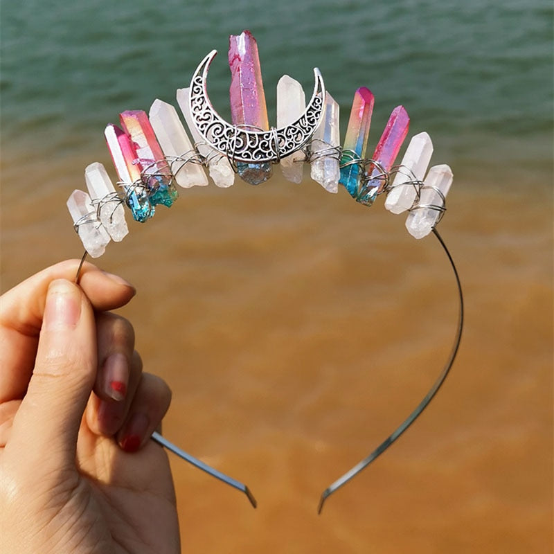 Natural Crystal Witch Crown Hair Accessories Multicolored Crystal Headwear Moon Bridal Headband Handmade Fashion Jewelry Gifts - my-magic-mirror