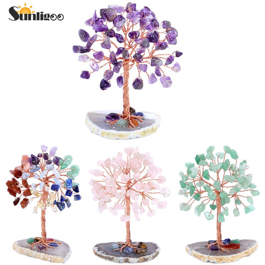 Sunligoo Super Mini Crystal Money Tree Copper Wire Wrapped W/ Agate Slice Base Gemstone Reiki Chakra Feng Shui Trees Home Decor - my-magic-mirror