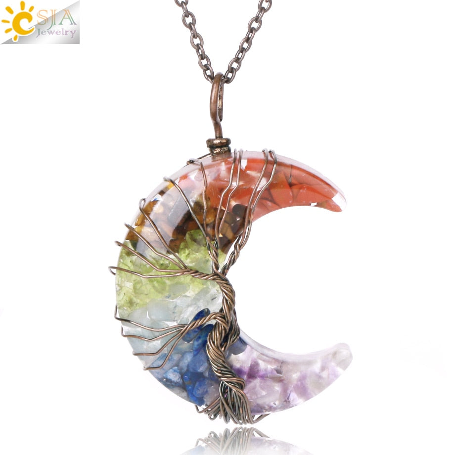 7 Chakras Tree of Life Necklace Wire Wrap Crescent Moons Crystal Pendants Chip Quartz Natural Stone Resin Stainless Steel G931 - my-magic-mirror