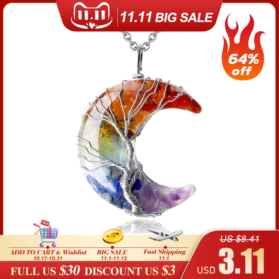 7 Chakras Tree of Life Necklace Wire Wrap Crescent Moons Crystal Pendants Chip Quartz Natural Stone Resin Stainless Steel G931 - my-magic-mirror