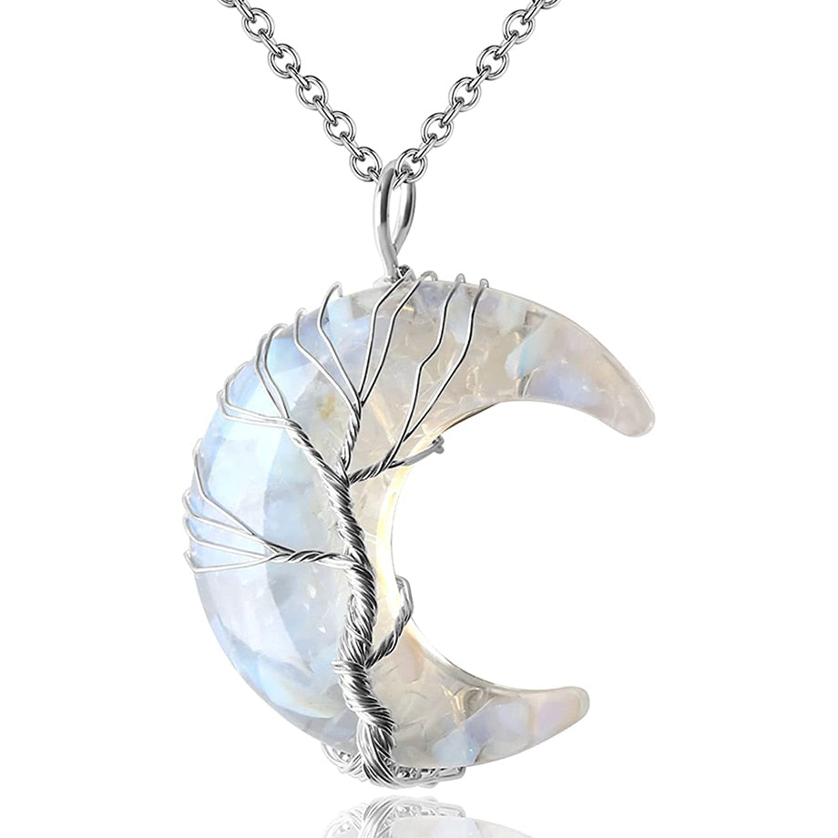 7 Chakras Tree of Life Necklace Wire Wrap Crescent Moons Crystal Pendants Chip Quartz Natural Stone Resin Stainless Steel G931 - my-magic-mirror