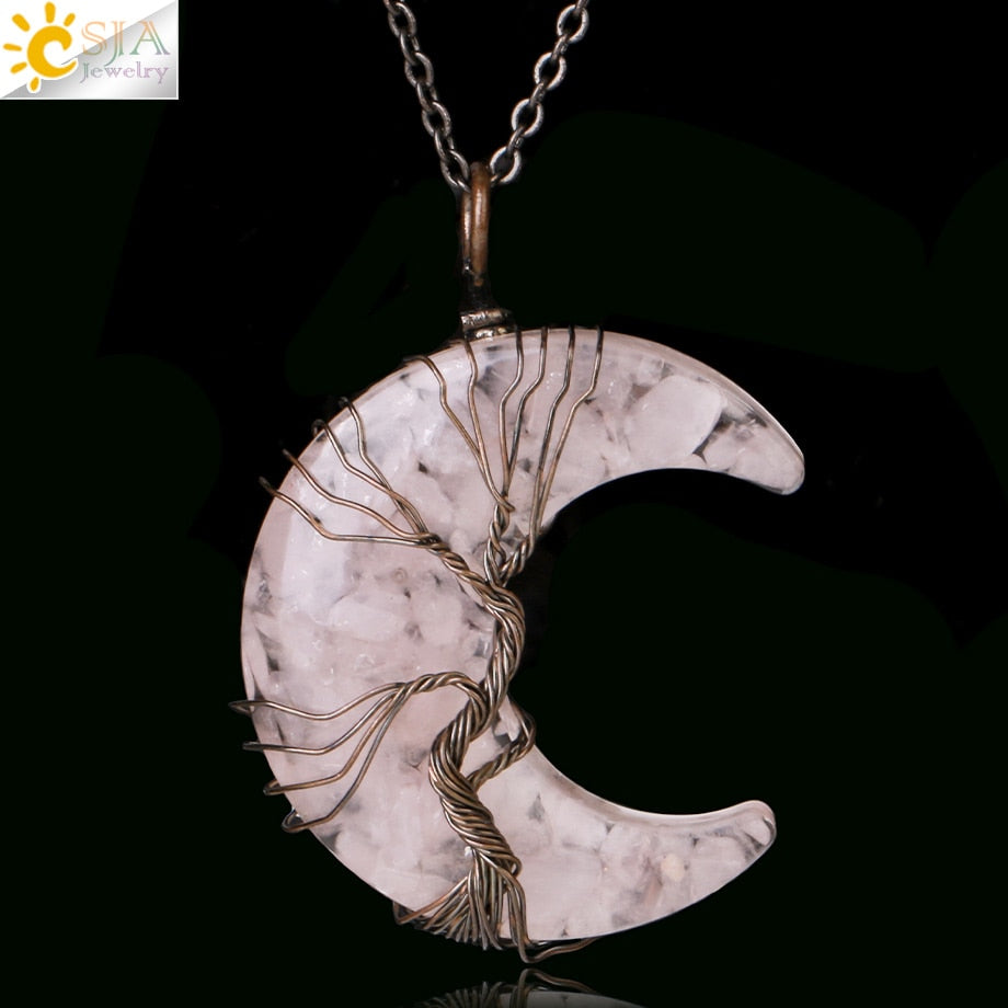 7 Chakras Tree of Life Necklace Wire Wrap Crescent Moons Crystal Pendants Chip Quartz Natural Stone Resin Stainless Steel G931 - my-magic-mirror