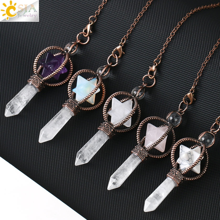 CSJA Natural Pendulums Merkaba White Crystal for Dowsing Divination Hexagonal Energy Spiritual Pendant Red Bronze Pendulo G930 - my-magic-mirror