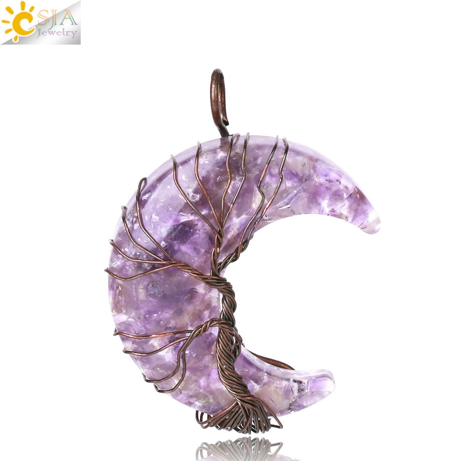 7 Chakras Tree of Life Necklace Wire Wrap Crescent Moons Crystal Pendants Chip Quartz Natural Stone Resin Stainless Steel G931 - my-magic-mirror