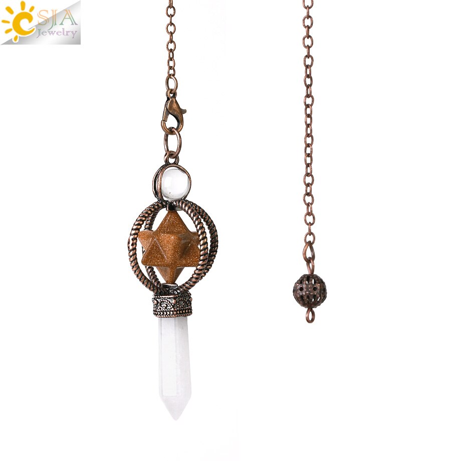 CSJA Natural Pendulums Merkaba White Crystal for Dowsing Divination Hexagonal Energy Spiritual Pendant Red Bronze Pendulo G930 - my-magic-mirror