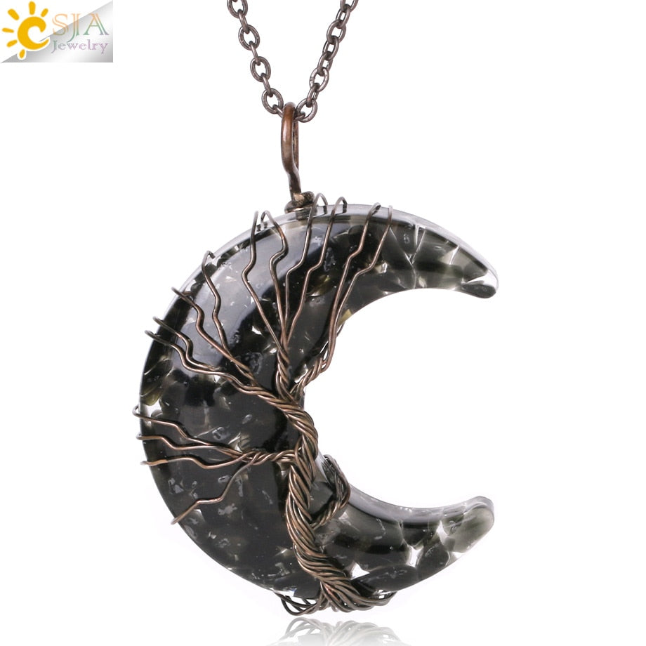 7 Chakras Tree of Life Necklace Wire Wrap Crescent Moons Crystal Pendants Chip Quartz Natural Stone Resin Stainless Steel G931 - my-magic-mirror