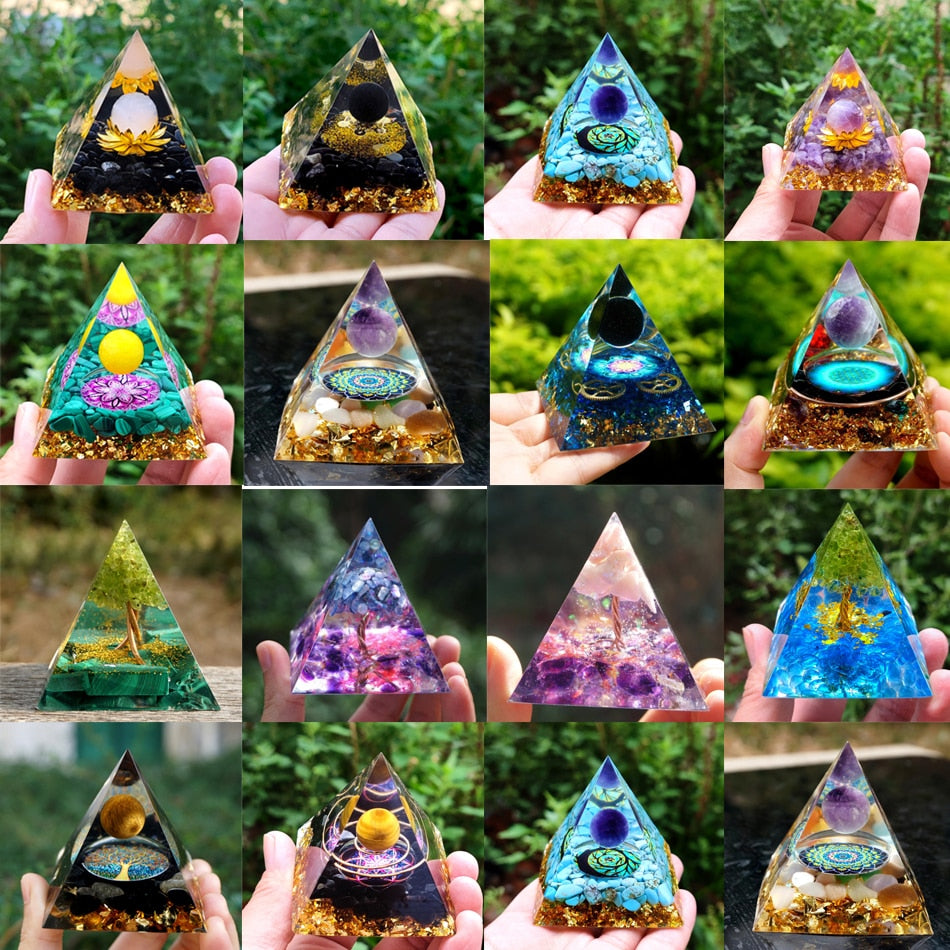 Energy Generator Orgone Pyramid Amethyst Peridot Healing Natural Crystal Reiki Chakra Generator Orgonite Pyramid Meditation Tool