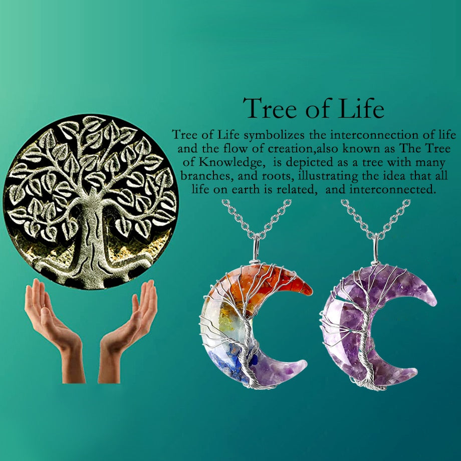 7 Chakras Tree of Life Necklace Wire Wrap Crescent Moons Crystal Pendants Chip Quartz Natural Stone Resin Stainless Steel G931 - my-magic-mirror