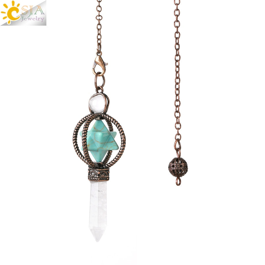 CSJA Natural Pendulums Merkaba White Crystal for Dowsing Divination Hexagonal Energy Spiritual Pendant Red Bronze Pendulo G930 - my-magic-mirror