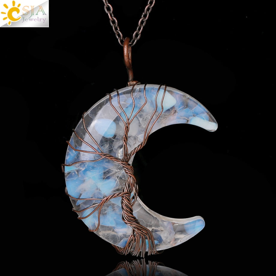 7 Chakras Tree of Life Necklace Wire Wrap Crescent Moons Crystal Pendants Chip Quartz Natural Stone Resin Stainless Steel G931 - my-magic-mirror