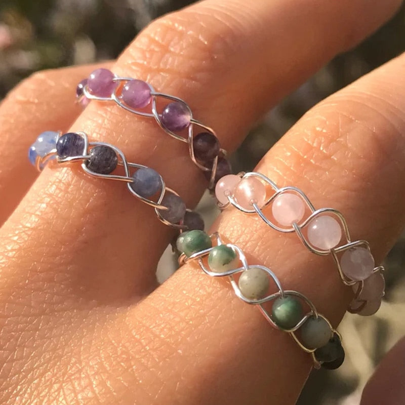 Healing Crystal Natural Stone Bead Ring Men Women Handmade Beaded Bohemian 7 Chakra Meditation Spiritual Jewelry Gifts - my-magic-mirror