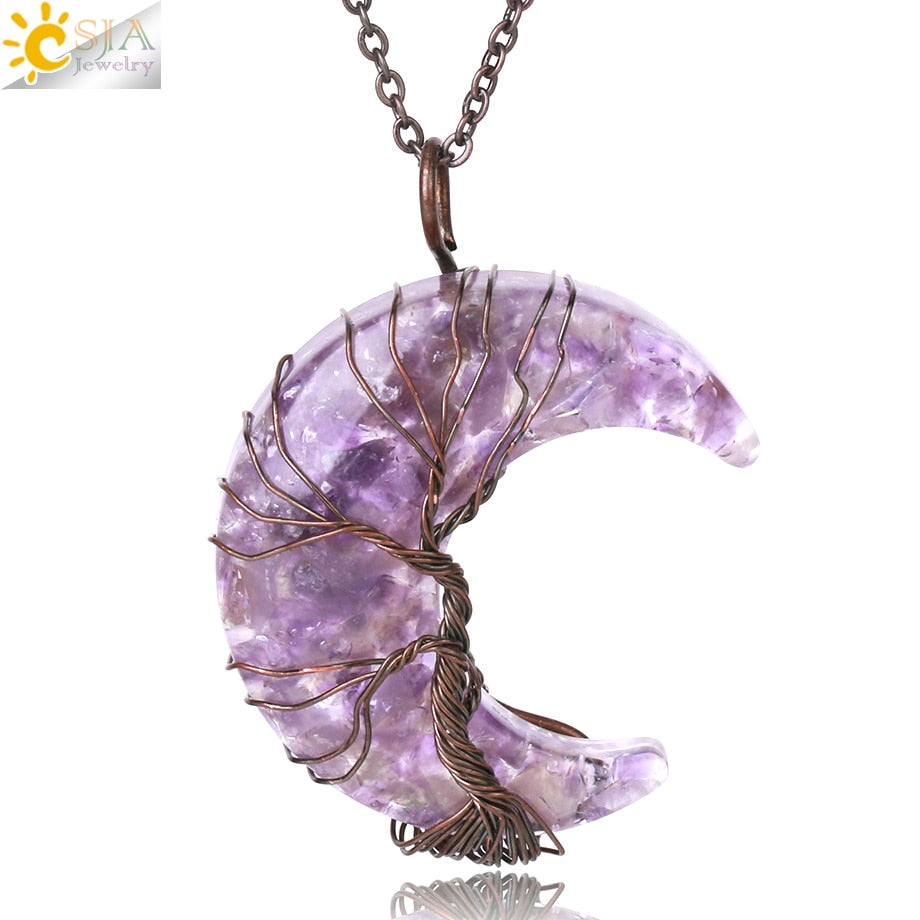 7 Chakras Tree of Life Necklace Wire Wrap Crescent Moons Crystal Pendants Chip Quartz Natural Stone Resin Stainless Steel G931 - my-magic-mirror