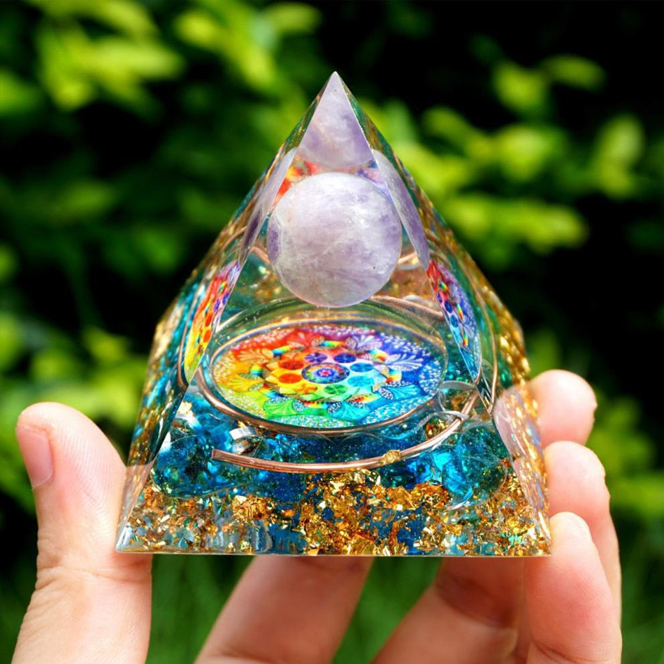 Energy Generator Orgone Pyramid Amethyst Peridot Healing Natural Crystal Reiki Chakra Generator Orgonite Pyramid Meditation Tool