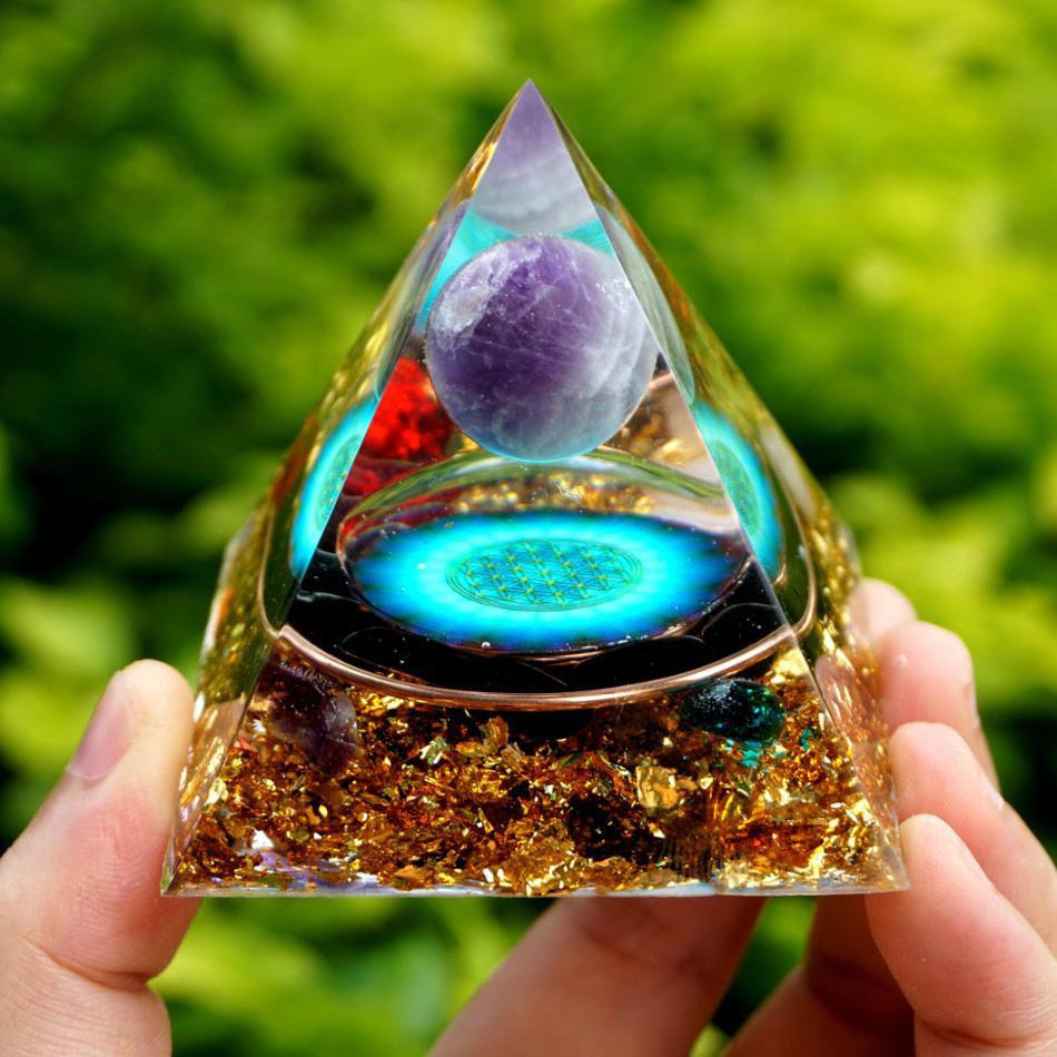 Energy Generator Orgone Pyramid Amethyst Peridot Healing Natural Crystal Reiki Chakra Generator Orgonite Pyramid Meditation Tool