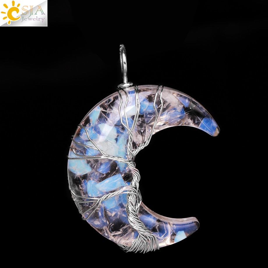 7 Chakras Tree of Life Necklace Wire Wrap Crescent Moons Crystal Pendants Chip Quartz Natural Stone Resin Stainless Steel G931 - my-magic-mirror