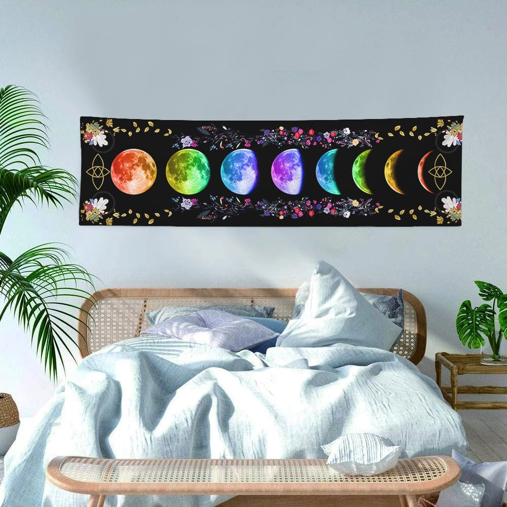 Black Spiritual Moon Phase Wall Hanging Tapestry Botanical Pagan Witchcraft Crystal Altar Cloth Macrame Chakra Hippie Boho Art - my-magic-mirror