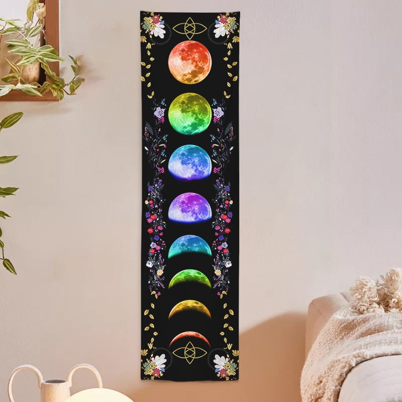 Black Spiritual Moon Phase Wall Hanging Tapestry Botanical Pagan Witchcraft Crystal Altar Cloth Macrame Chakra Hippie Boho Art - my-magic-mirror