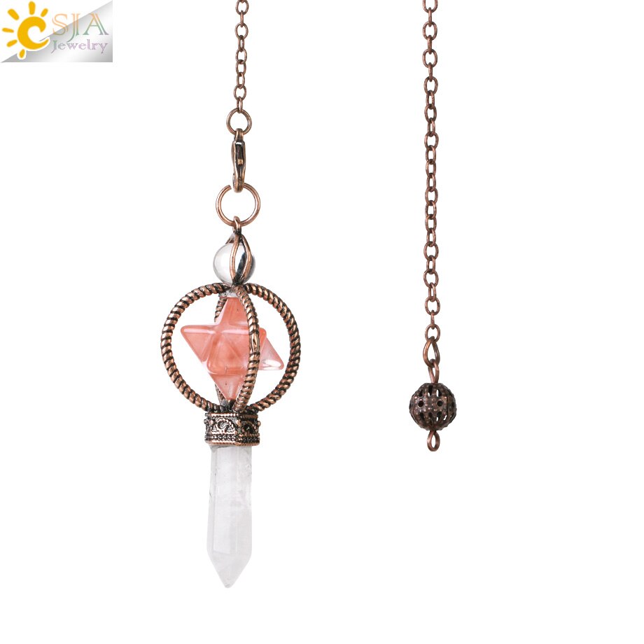 CSJA Natural Pendulums Merkaba White Crystal for Dowsing Divination Hexagonal Energy Spiritual Pendant Red Bronze Pendulo G930 - my-magic-mirror