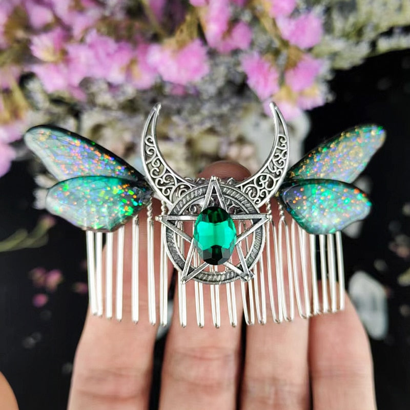 Witch Crystal Butterfly Cicada Wing scent Moon Pentragm HairComb Pagan Goddness Tiaras Hair Barrette Fairy Hair Jewelry for gift - my-magic-mirror