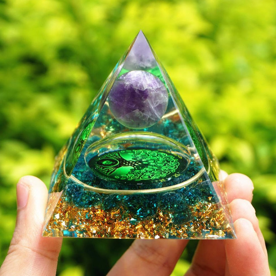 Energy Generator Orgone Pyramid Amethyst Peridot Healing Natural Crystal Reiki Chakra Generator Orgonite Pyramid Meditation Tool