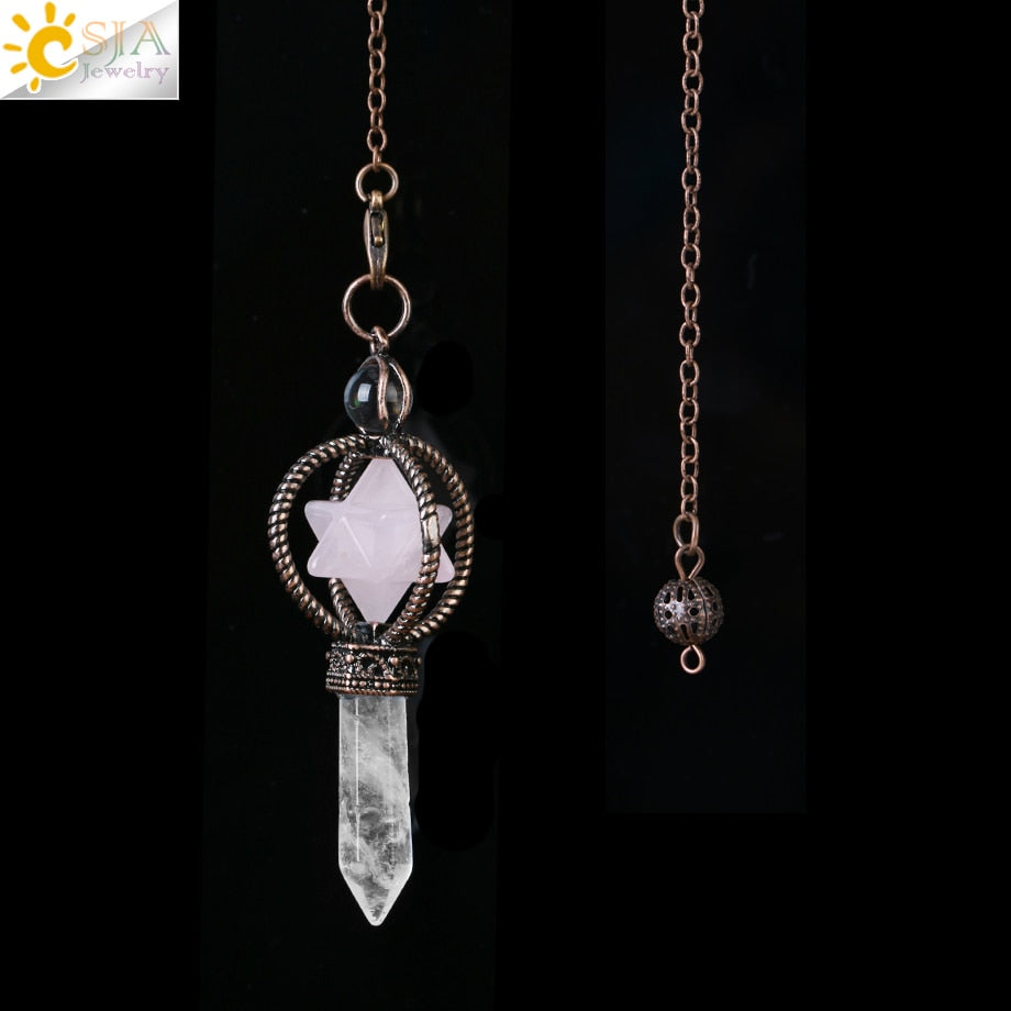 CSJA Natural Pendulums Merkaba White Crystal for Dowsing Divination Hexagonal Energy Spiritual Pendant Red Bronze Pendulo G930 - my-magic-mirror