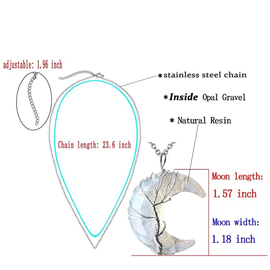 7 Chakras Tree of Life Necklace Wire Wrap Crescent Moons Crystal Pendants Chip Quartz Natural Stone Resin Stainless Steel G931 - my-magic-mirror
