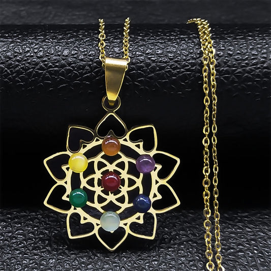 Sacred Geometry 7 Chakra Metatron Heart Necklace Flower of Life Stainless Steel Opal Stone Necklace Reiki Healing Jewelry N1120S - my-magic-mirror