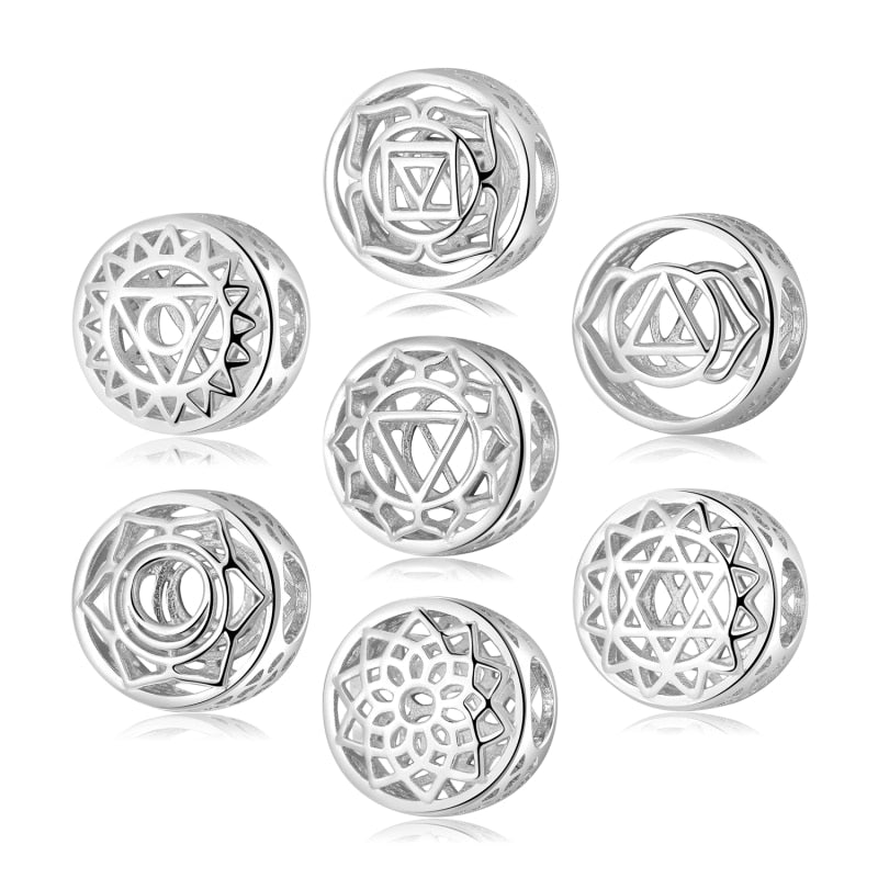 Hot Sale Hollow Out Seven Chakras Yoga Wheel Beads for Jewelry Making Silver-color Fit Original European Charms Bracelets DIY - my-magic-mirror