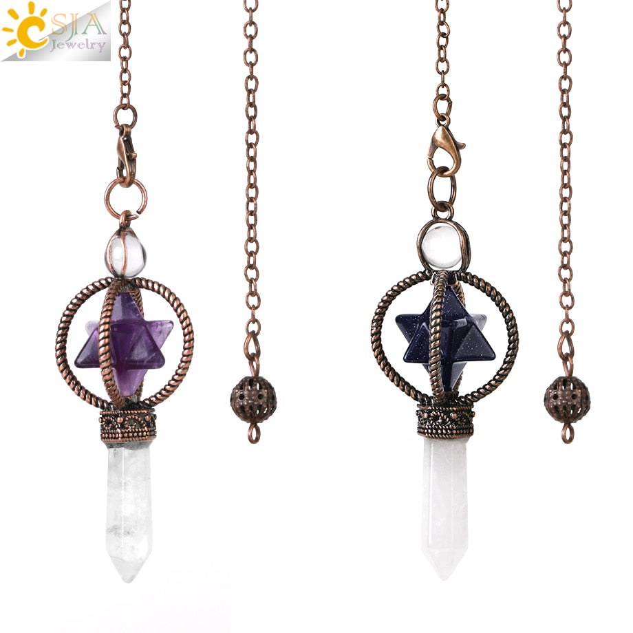 CSJA Natural Pendulums Merkaba White Crystal for Dowsing Divination Hexagonal Energy Spiritual Pendant Red Bronze Pendulo G930 - my-magic-mirror