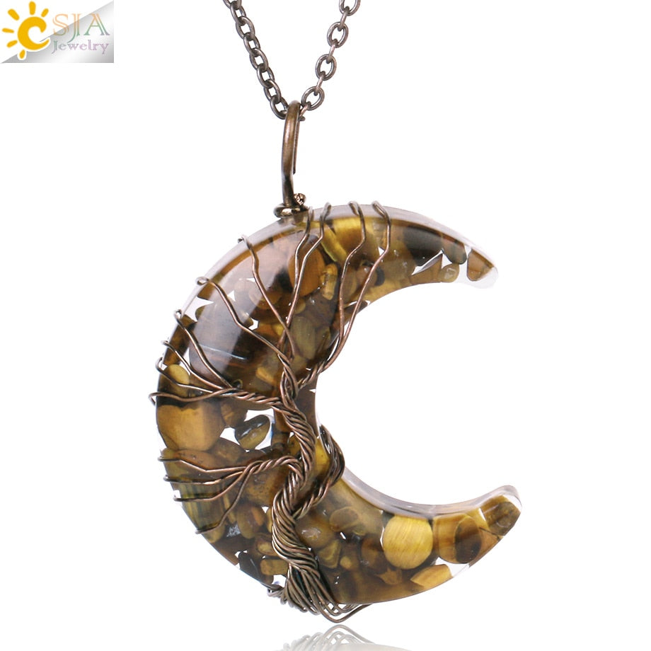 7 Chakras Tree of Life Necklace Wire Wrap Crescent Moons Crystal Pendants Chip Quartz Natural Stone Resin Stainless Steel G931 - my-magic-mirror