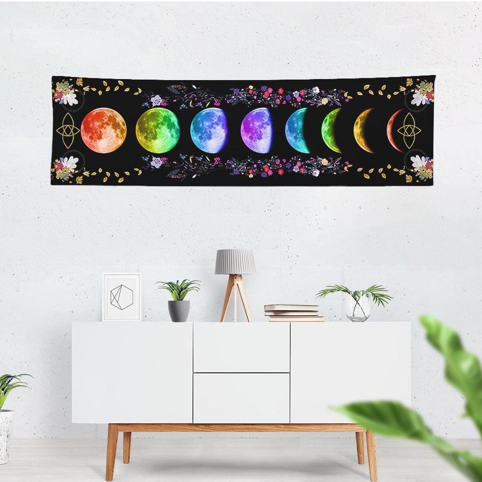 Black Spiritual Moon Phase Wall Hanging Tapestry Botanical Pagan Witchcraft Crystal Altar Cloth Macrame Chakra Hippie Boho Art - my-magic-mirror