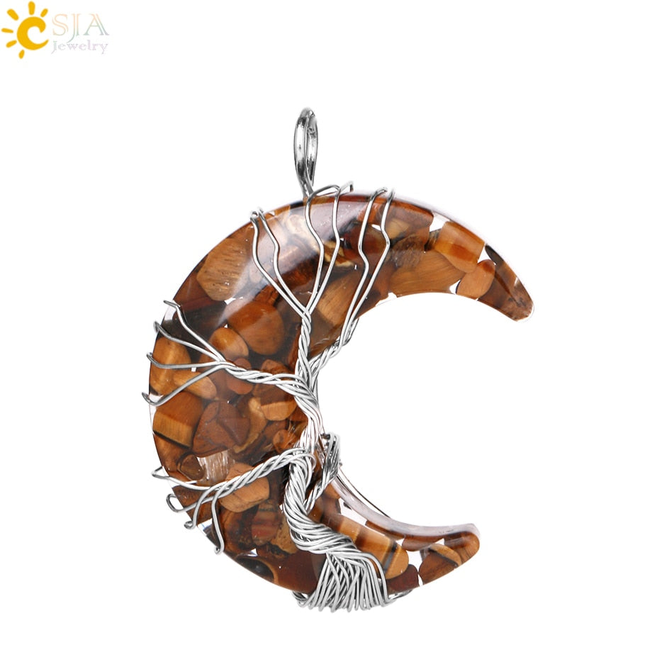 7 Chakras Tree of Life Necklace Wire Wrap Crescent Moons Crystal Pendants Chip Quartz Natural Stone Resin Stainless Steel G931 - my-magic-mirror