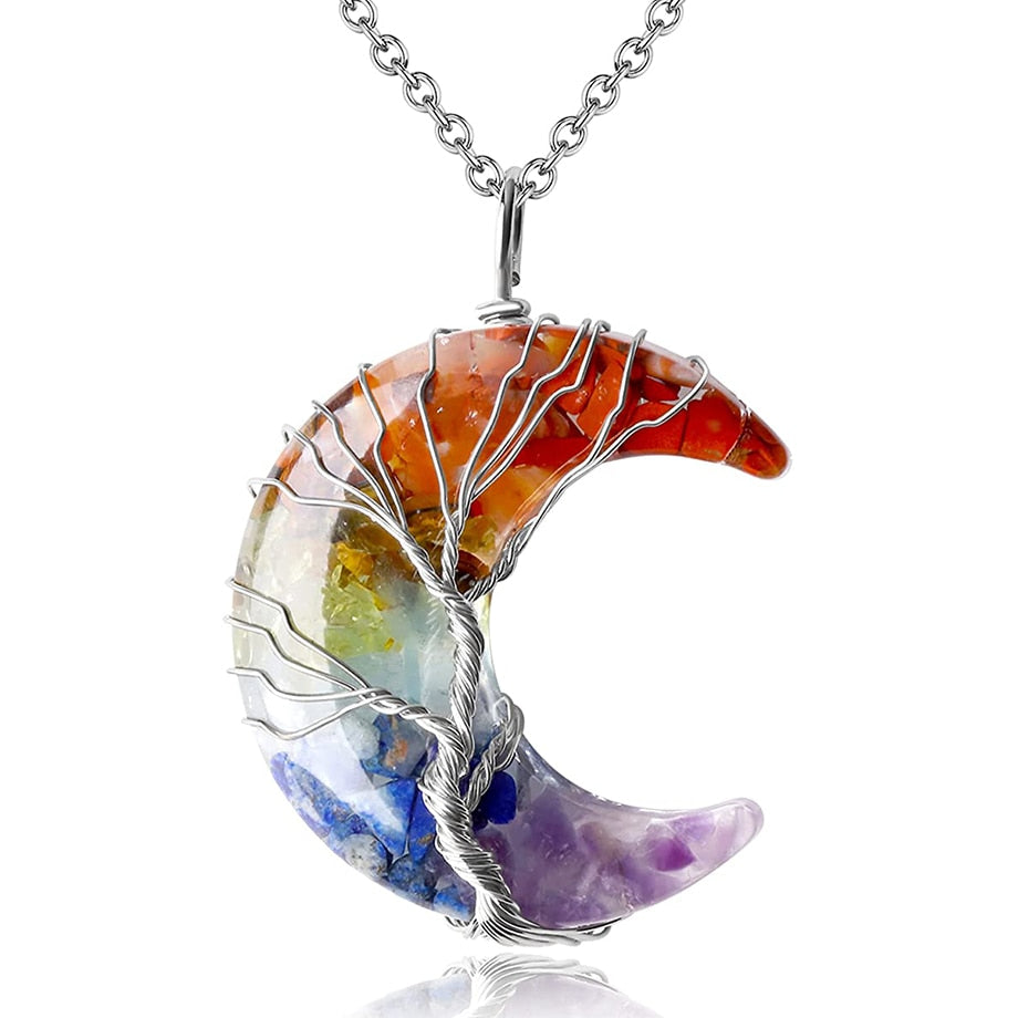 7 Chakras Tree of Life Necklace Wire Wrap Crescent Moons Crystal Pendants Chip Quartz Natural Stone Resin Stainless Steel G931 - my-magic-mirror