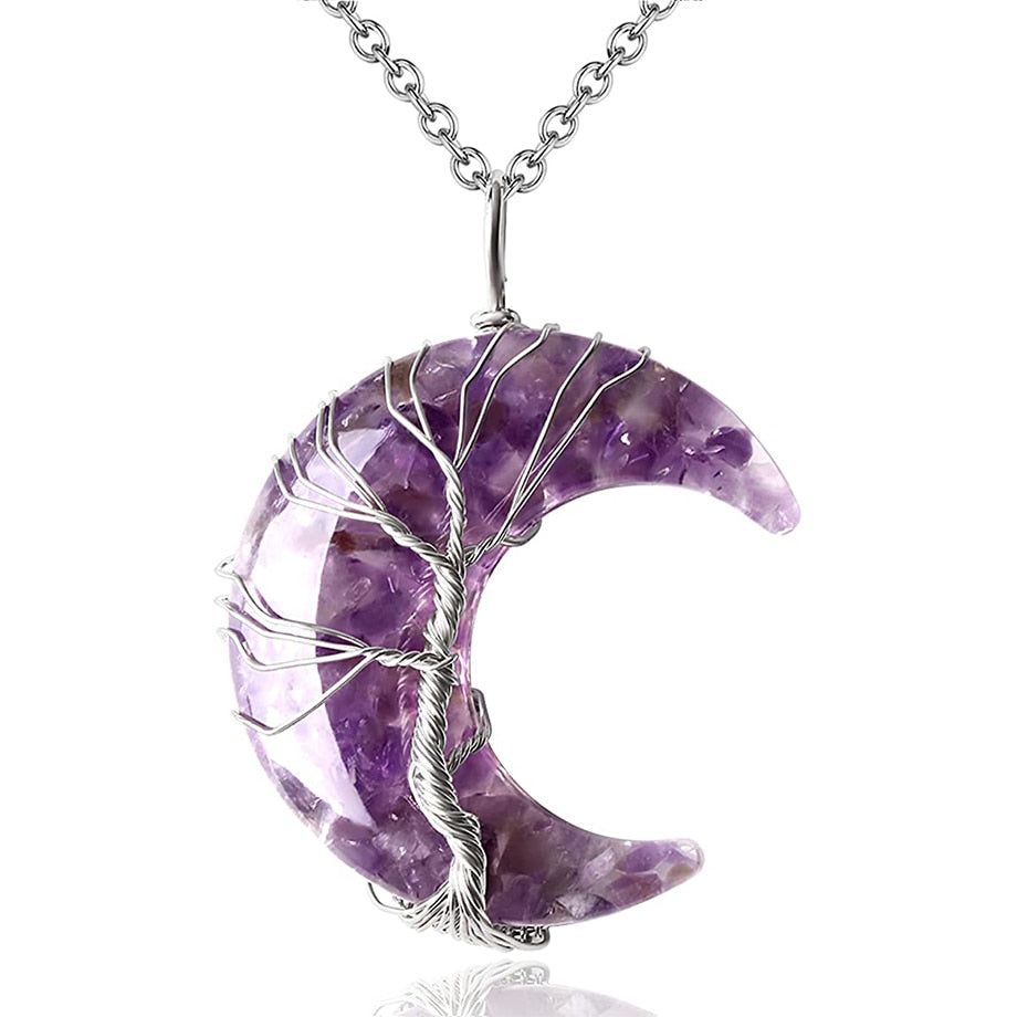 7 Chakras Tree of Life Necklace Wire Wrap Crescent Moons Crystal Pendants Chip Quartz Natural Stone Resin Stainless Steel G931 - my-magic-mirror