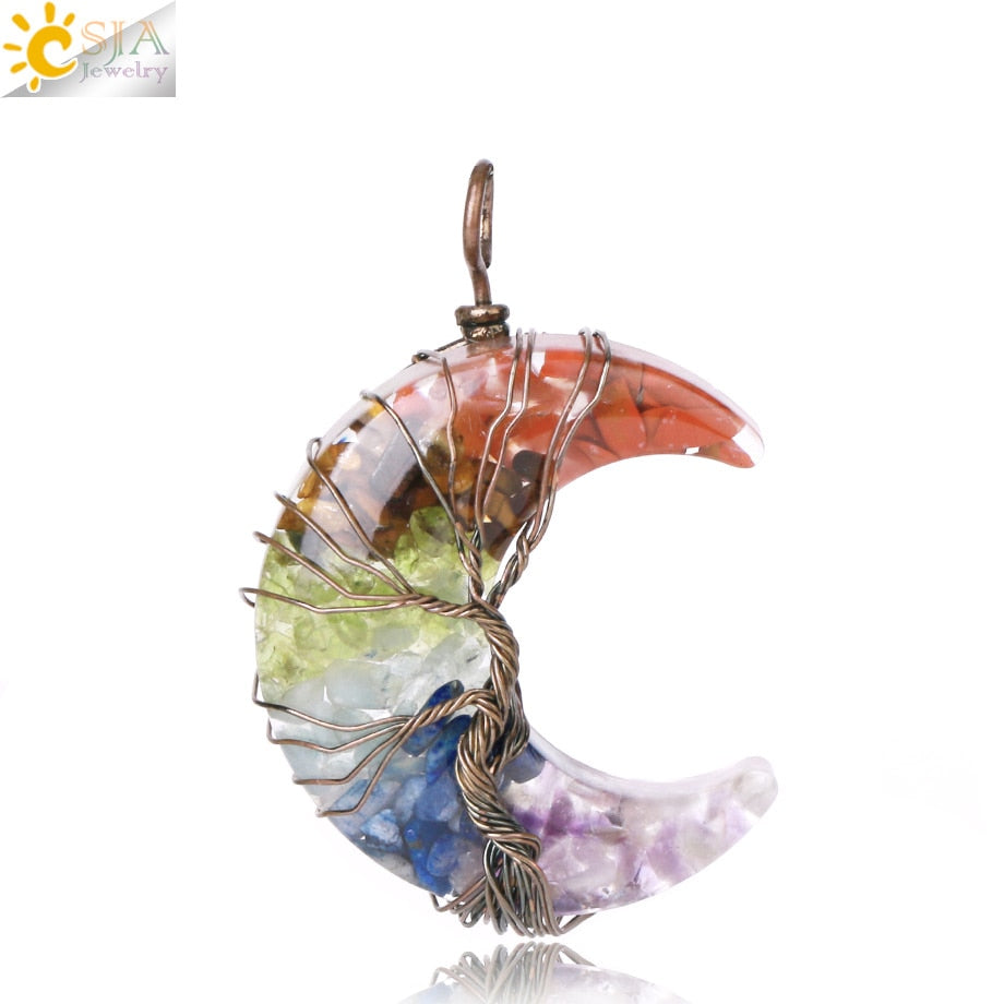 7 Chakras Tree of Life Necklace Wire Wrap Crescent Moons Crystal Pendants Chip Quartz Natural Stone Resin Stainless Steel G931 - my-magic-mirror